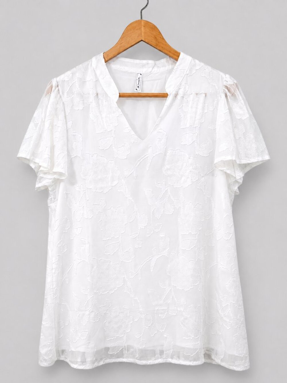 White Floral Textured Chiffon Blouse Flutter Sleeve V Neck Top Medium - Picture 1 of 5